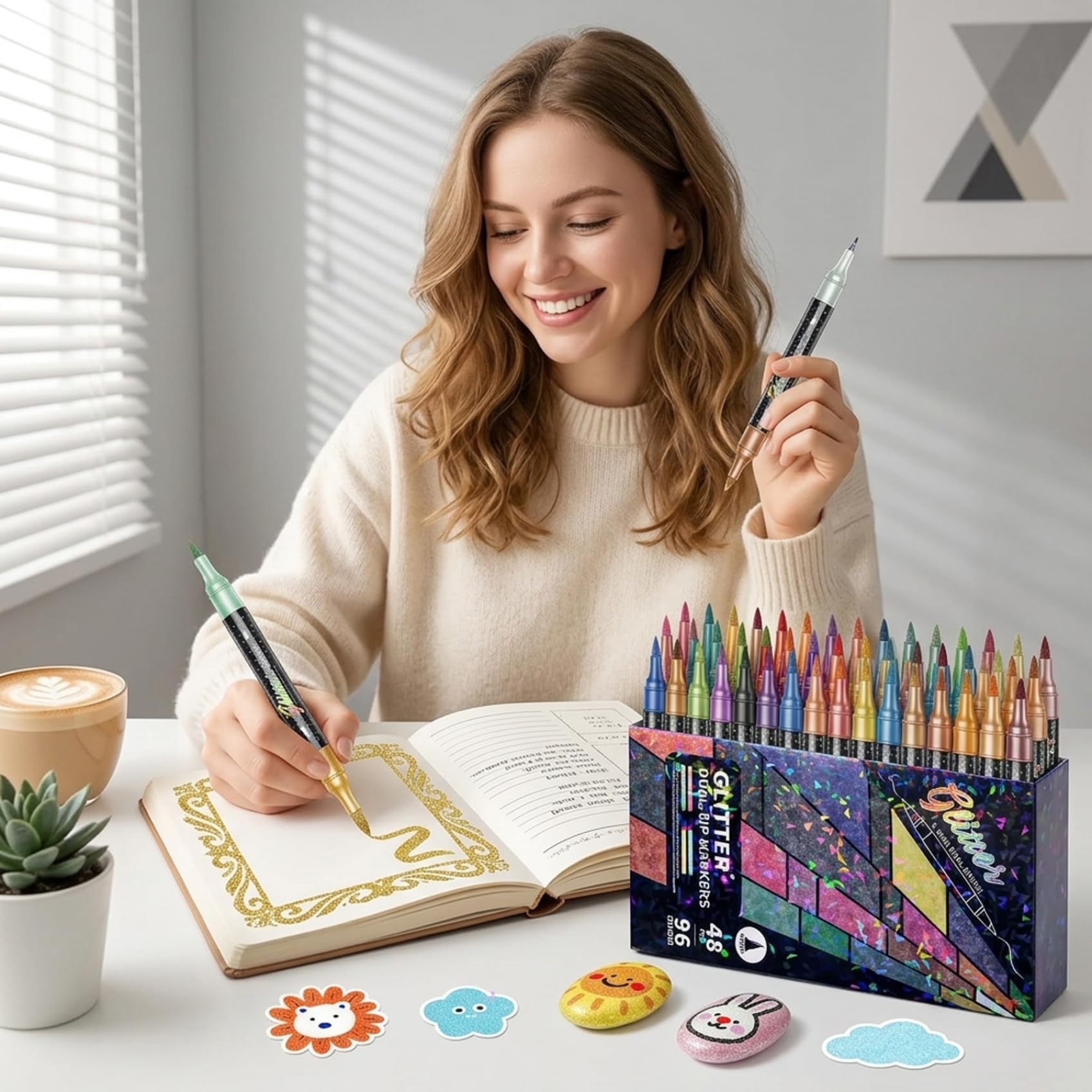 Pennarelli Glitter, 48 Pennarelli a Doppia Punta con 96 Colori Scintillanti - Pennelli a Doppia Punta con Glitter Fine per Artigianato, Diario, Creazione di Cartoline e Libri da colorare per Adulti
