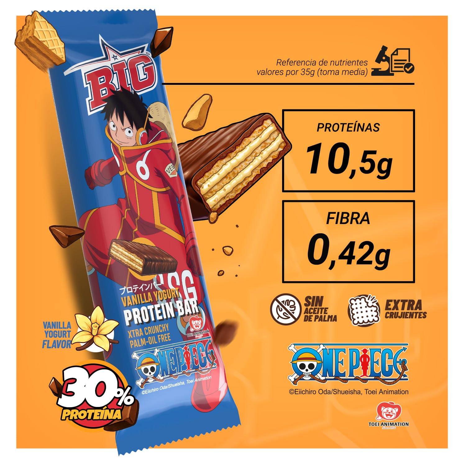 BIG - Barritas Proteina - Barrita Proteina ONE PIECE - Snack Delicioso Alto en Proteínas - 30 gr por Barrita - Protein Bar con Sabores Exclusivos - Caja 24 uds, Vainilla-Yogurt