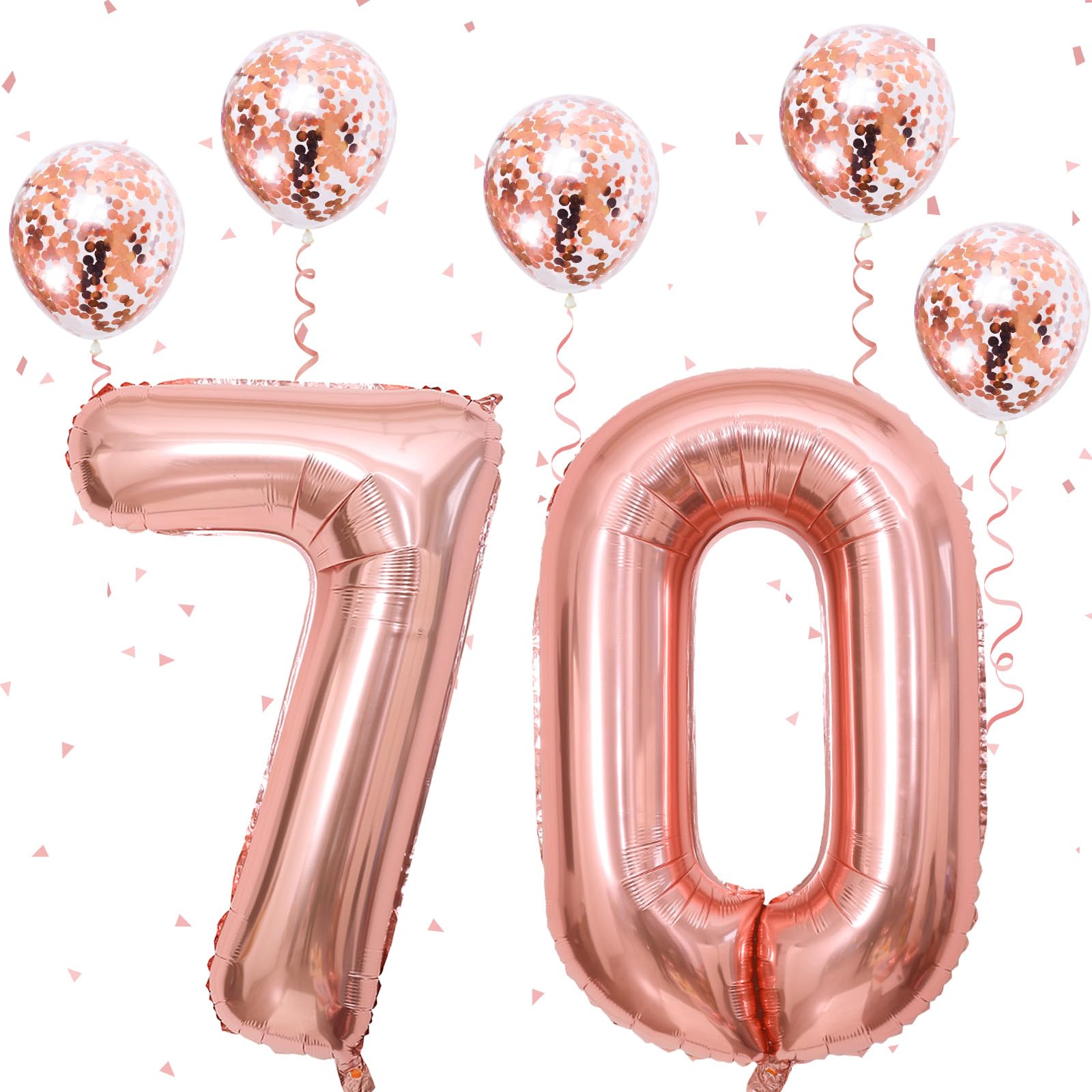70th Birthday Number Balloons for Women, Large 70 Number Balloons Foil with Confetti Balloons, Rose Gold 40 Inch Self Inflating Balloons for Girls 7th Birthday Party Anniversary Decorations Supplies