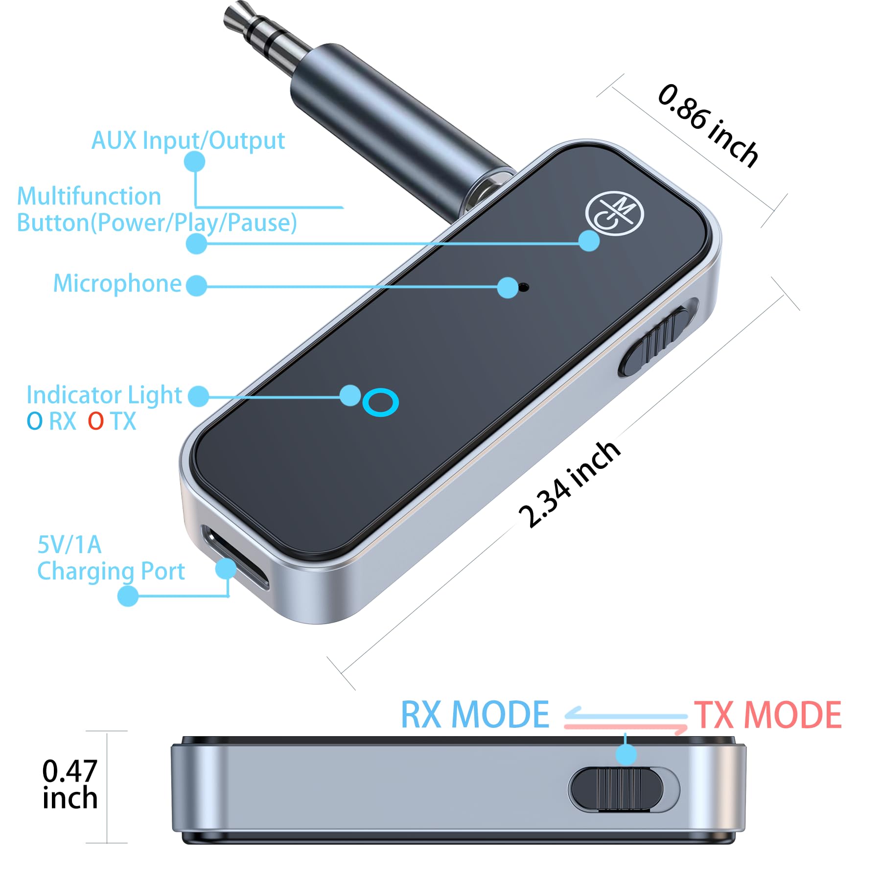 KAIY Bluetooth 5.3 Transmitter Empfänger, Bluetooth Transmitter für TV/AirPods/Kopfhörer/Flugzeug, Aux Wireless Adapter für Auto, Audioempfänger für Heimstereo/Autoradio/Lautsprecher