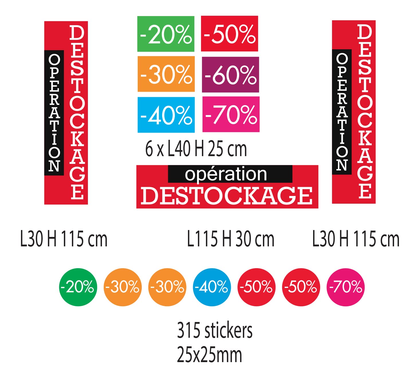 30121 - Kit de 9 Affiches Papier Opération Destockage - 20% 30% 40% 50% 60% 70% & 315 Stickers - 20% 30% 40% 50% 70%