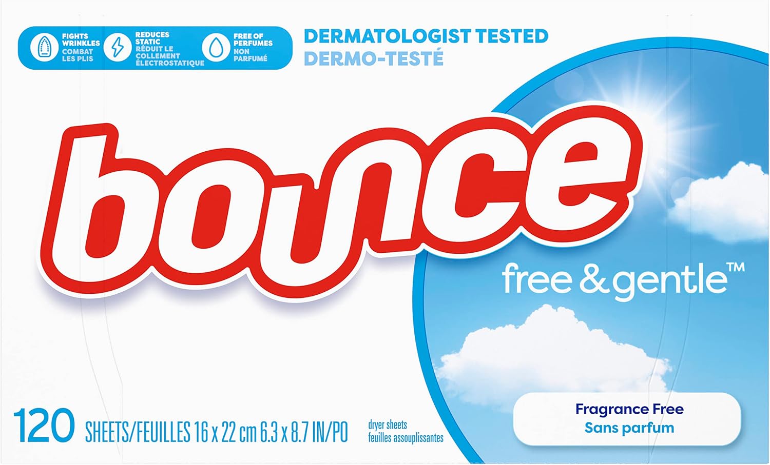 Bounce Fabric Softener Dryer Sheets, Free & Gentle, 120 Count