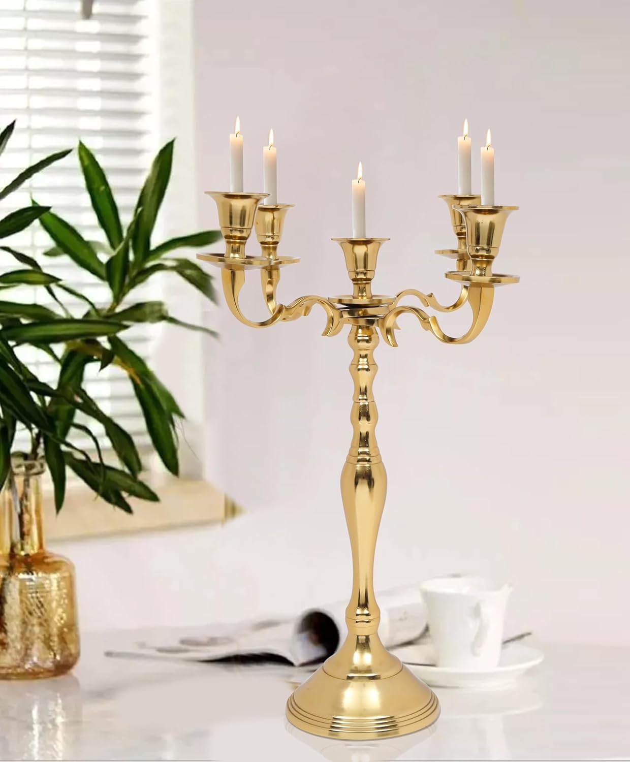 Metal Candelabra Five Arm Decorative Candlestick Holder for Weddings, Events, Dining Table Centerpiece Decoration, Halloween, Thanksgiving, Christmas, New Year & Everyday Use - 16 Inch Tall - Gold - Image 2