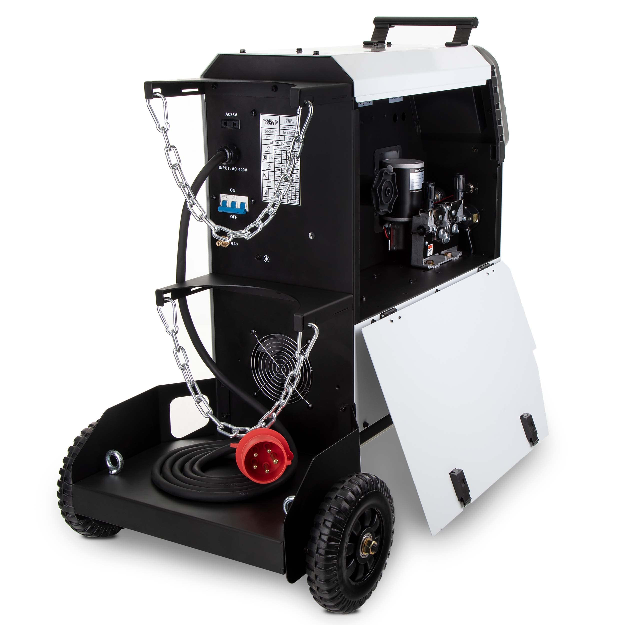 SKANDI KRAFT iTech MIG 280 4R - Saldatrice MIG MAG e saldatrice a gas di protezione da 400 V, bottiglia da 8 l e accessori su carrello di saldatura, 4 rulli, saldatura in alluminio (280 A)