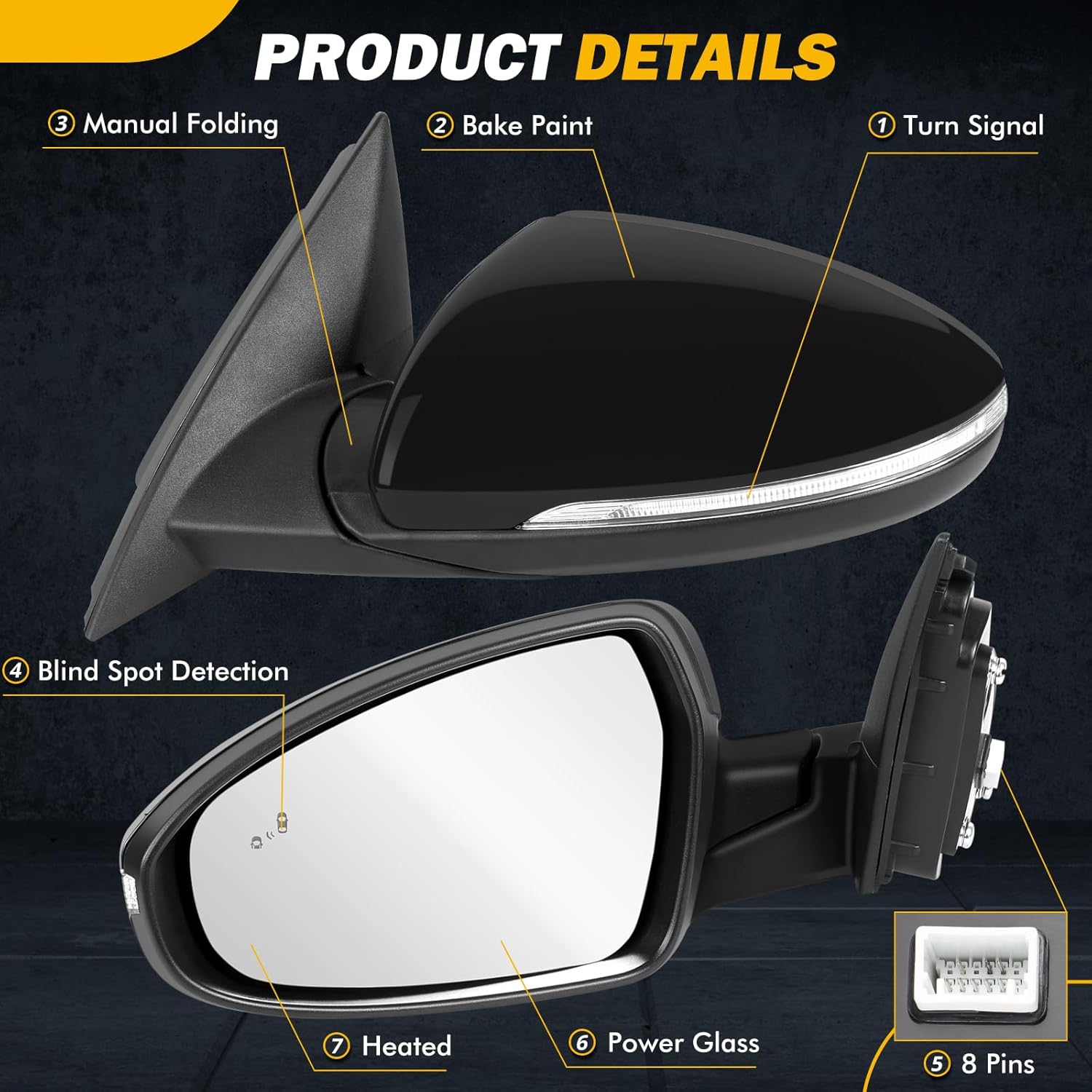 19-24 Left Driver Side Mirror Compatible with KIA Forte 2019 2020 2021 2022 2023 2024, W/Blind Spot Indicator/Heated/Manual Folding/Power Glass Door Mirror Replace 87610M7090 KI1320225 (8 pins)