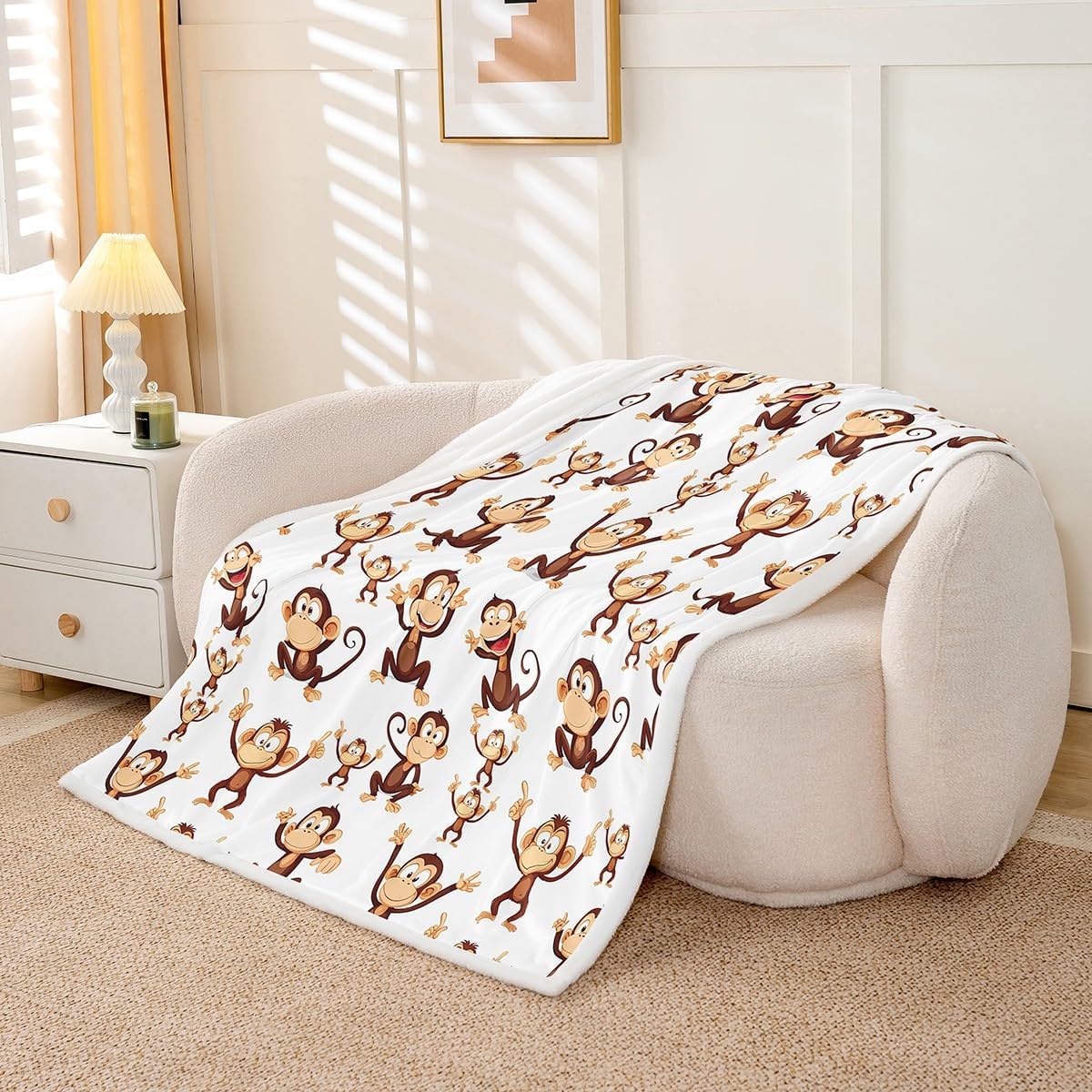 Feelyou Monkey Sherpa Blanket Cartoon Animal Pattern Throw Blanket Cute Monkey Plush Blankets and Throws for Kids Boys Girls 50" x 60" - Image 3