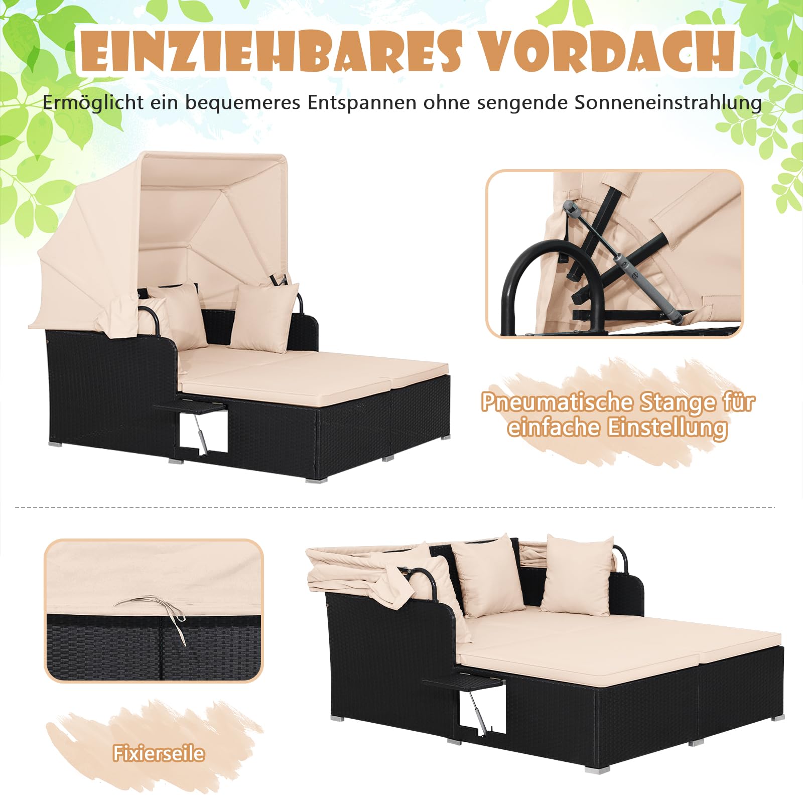 COSTWAY Sonnenliege Rattan für 2 Personen, Gartenliege mit Dach, Auflage, Kissen & ausklappbaren Seitentischen, Sonneninsel, Doppelliege, Sonnenbett, Loungebett für Garten, Terrasse (Gelblich)
