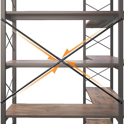 Miniatura 4 de GLAUBIO Estantería esquinera de 6 estantes, estante de esquina industrial vintage, estante esquinero con marco de metal (armarios marrones, grande)