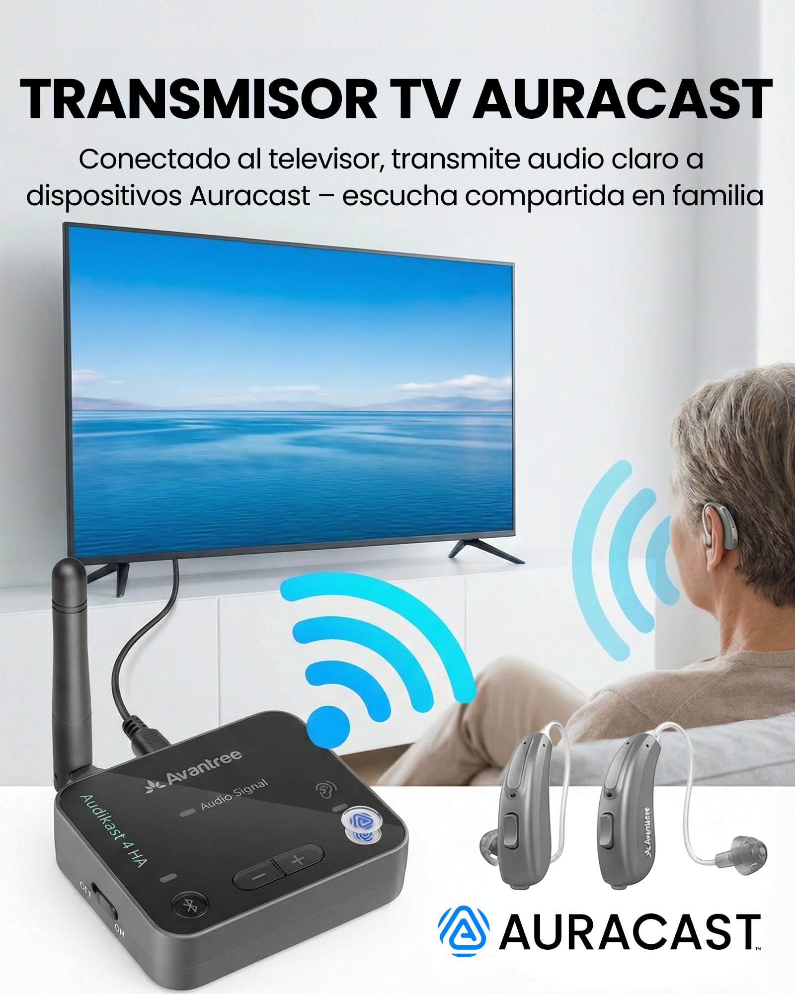Avantree Audikast 4HA – Transmisor y Streamer de TV Auracast para para Dispositivos de Escucha Personal, Escucha Personal de TV a tu Volumen, óptico y AUX, Preparado para el Futuro y Actualizable