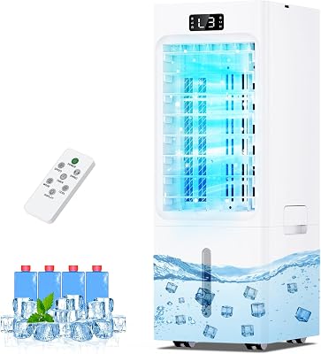 Aire Acondicionado Portatil 4 en 1, Enfriador de Aire con 4 Modos & 3 Velocidades, Temporizador 1-12H, Oscilación,Tanque de 6L, 4 Packs de Hielo, Control Remoto, Silencioso, para Oficina Hogar