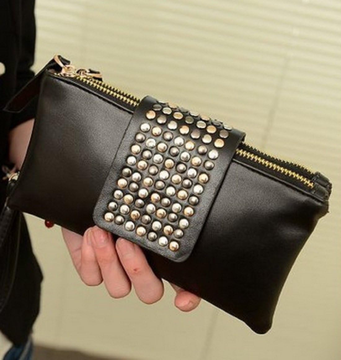 New Lady Fashion Rivet Lady Clutch, Black Purse Wallet Evening Bag Pu Leather