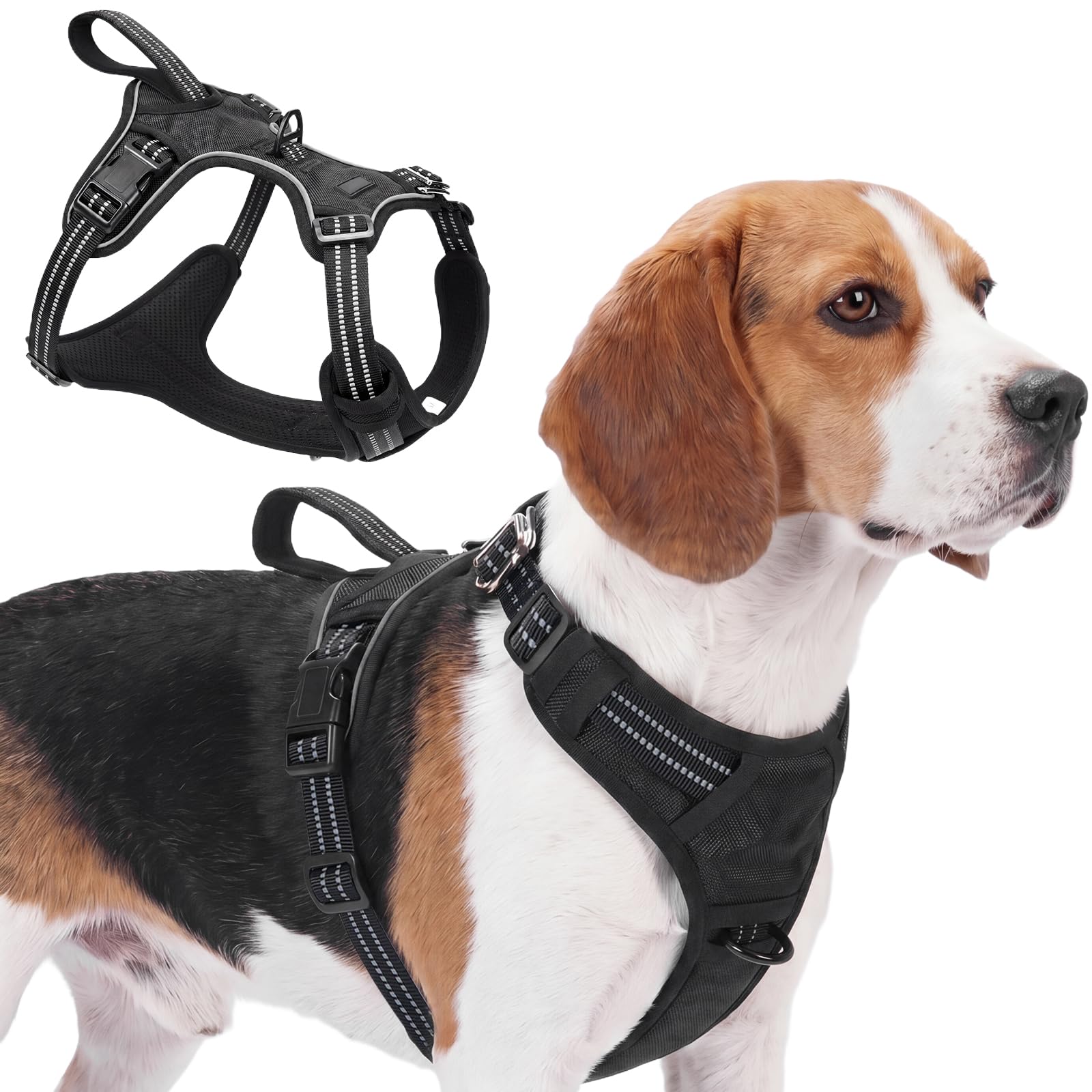 Olcyren No Pull Dog Harness with Neck Release Buckle, Anti Pull Adjustable Padded Dog Harness, Reflective No-Choke Pet Vest Harness with Handle and Front Clip for Small Medium Large Dogs (Black, M)