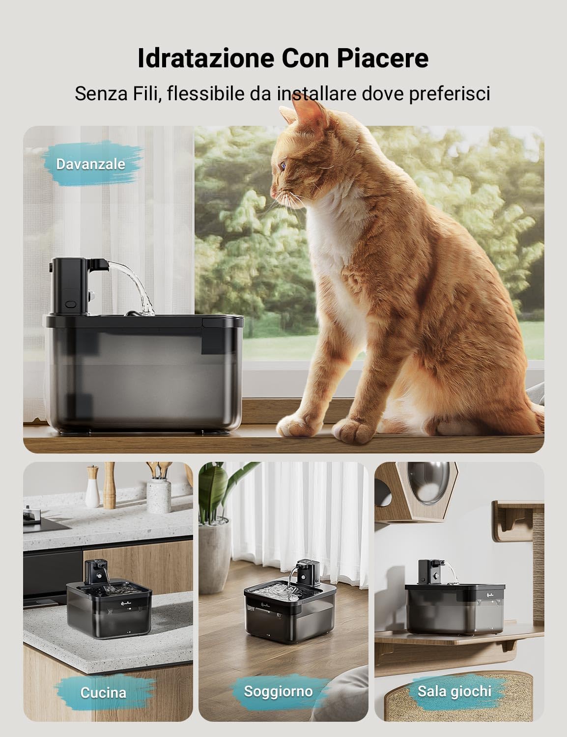DownyPaws Fontanella per Gatti Senza Fili, 2,5L Fontana per Gatti con Sensore di Movimento, Ultra Silenziosa fontanella gatto con Batteria da Ricaricabile 4000mAh, Multi-Filtrazione, Nero