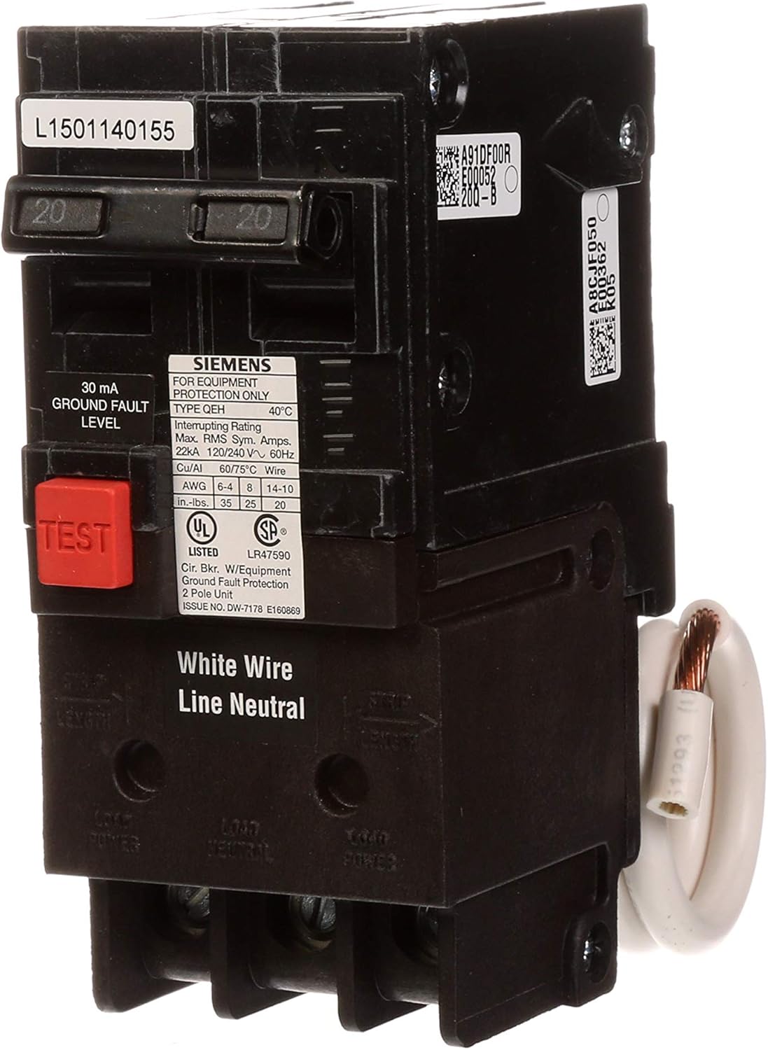 Siemens QE220H 20-Amp Double Pole 120/240-Volt Group Fault Equipment Protection Circuit Breaker