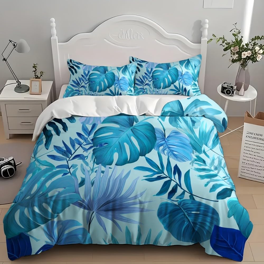 Tropikalna roślina, monstera, oddychająca, przyjemna poszwa na kołdrę, 3-częściowa, 155 x 220 cm, miękka poszewka na kołdrę z mikrofibry, niebieska, odpowiednia dla dzieci i dorosłych, kreatywna