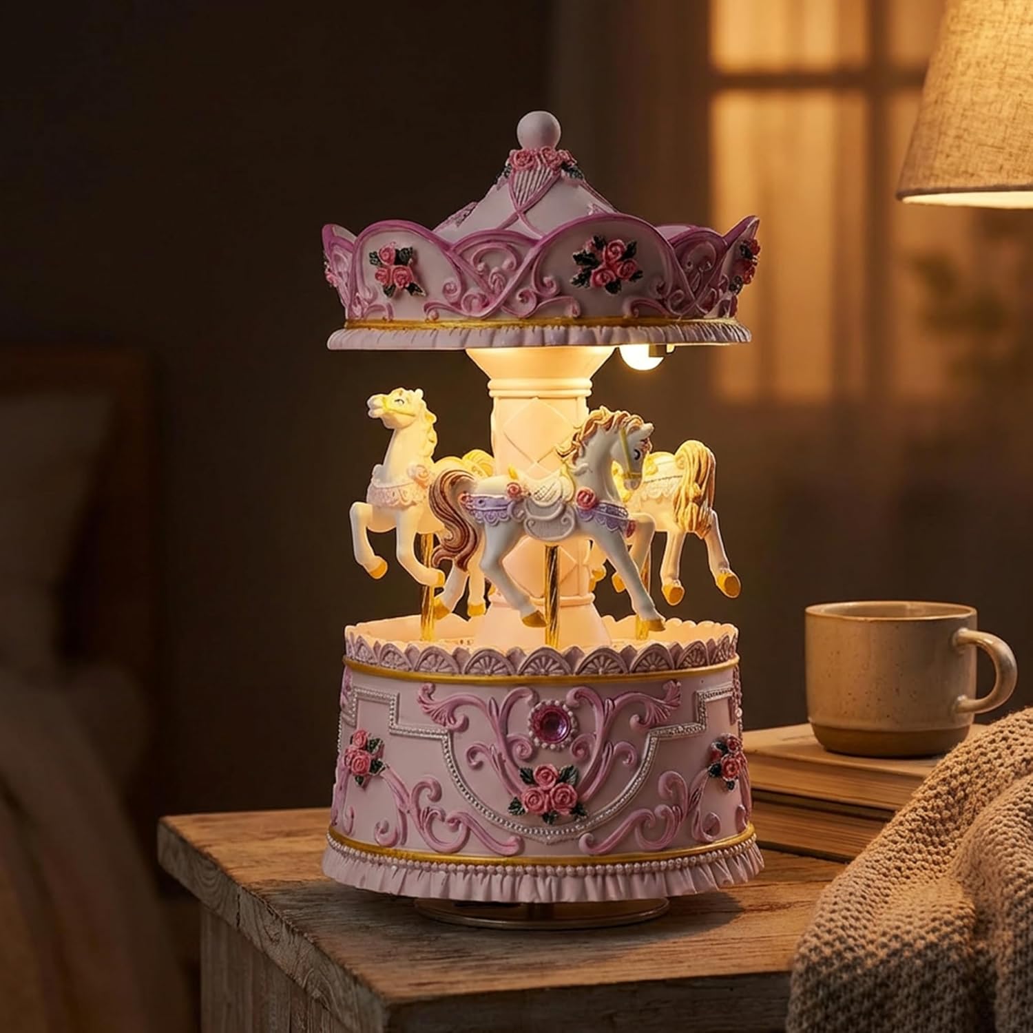 Enchanting Pink Carousel Music Box with LED Lights, Plays Castle in the Sky, Elegant Rotating Horse Figurines, for Girls, Women, and Romantic Occasions, Collectible Home Decor Ornament