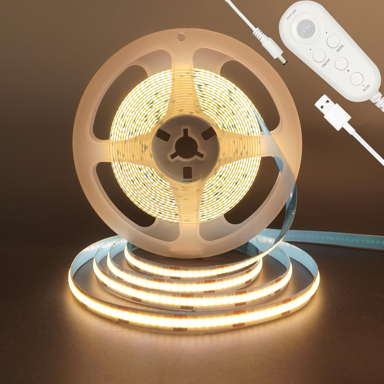 Clearhill 5V USB Motion Sensor Dimmable Flexible LED Strip Lights,6.56FT/2M,Warm White 3000K Bright Lights,8mm Width,320LEDs/M,Not Waterproof IP 20,for Closet Light Bedroom Cabinet Stair