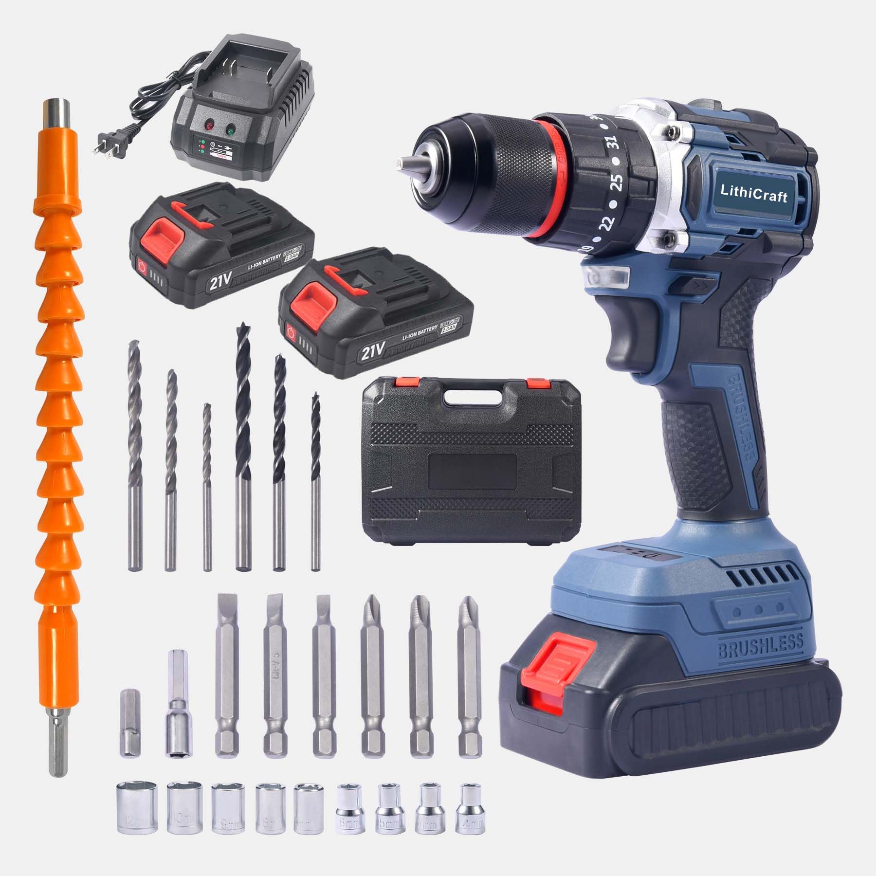 Perceuse Visseuse à Percussion sans Fil 21V sans Balais, 45Nm, Mandrin 10mm, 2 Batteries 2.0Ah, 35+3 Réglages de Couple, avec Coffret & 24 Accessoires