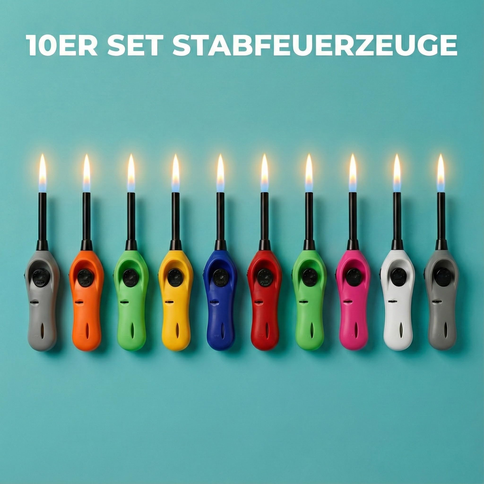 TOM Stabfeuerzeug Set 10 Stück nachfüllbar 21,8 cm | Langes Gasfeuerzeug und Kerzenanzünder, elektronisches Zündsystem, Soft Flame, für Kerzen, Grill und Kamin