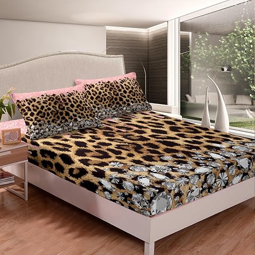 Miniatura 2 de Manfei Sábana bajera ajustable de leopardo marrón, tamaño individual, juego de ropa de cama de 2 piezas con purpurina rosa para decoración de