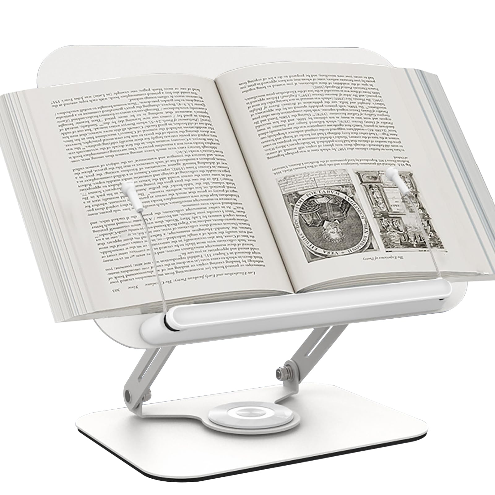 Buchständer zum Lesen, verstellbarer Tischbuchständer mit 360°-Drehfuß, faltbar, verstellbarer Winkel, multifunktional, für Kochbücher, Rezeptbücher, Tablets und Laptops - Silber