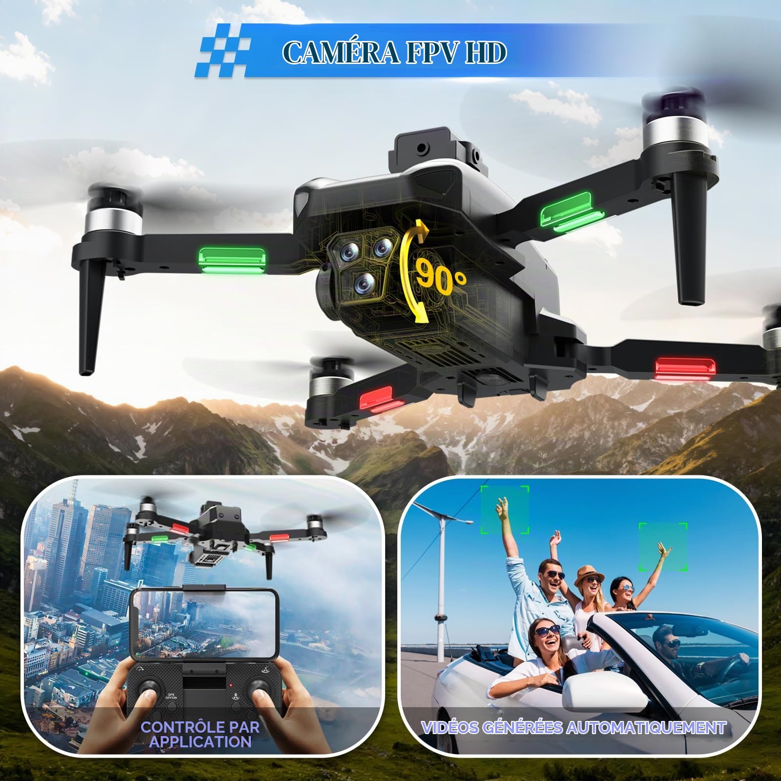 A Alpha Drone Professionnel avec Caméra, Drone GPS FPV Radiocommandé pour Débutants, Quadcopter RC avec Caméra, Cadeau Anniversaire Noël pour Homme et Garçon