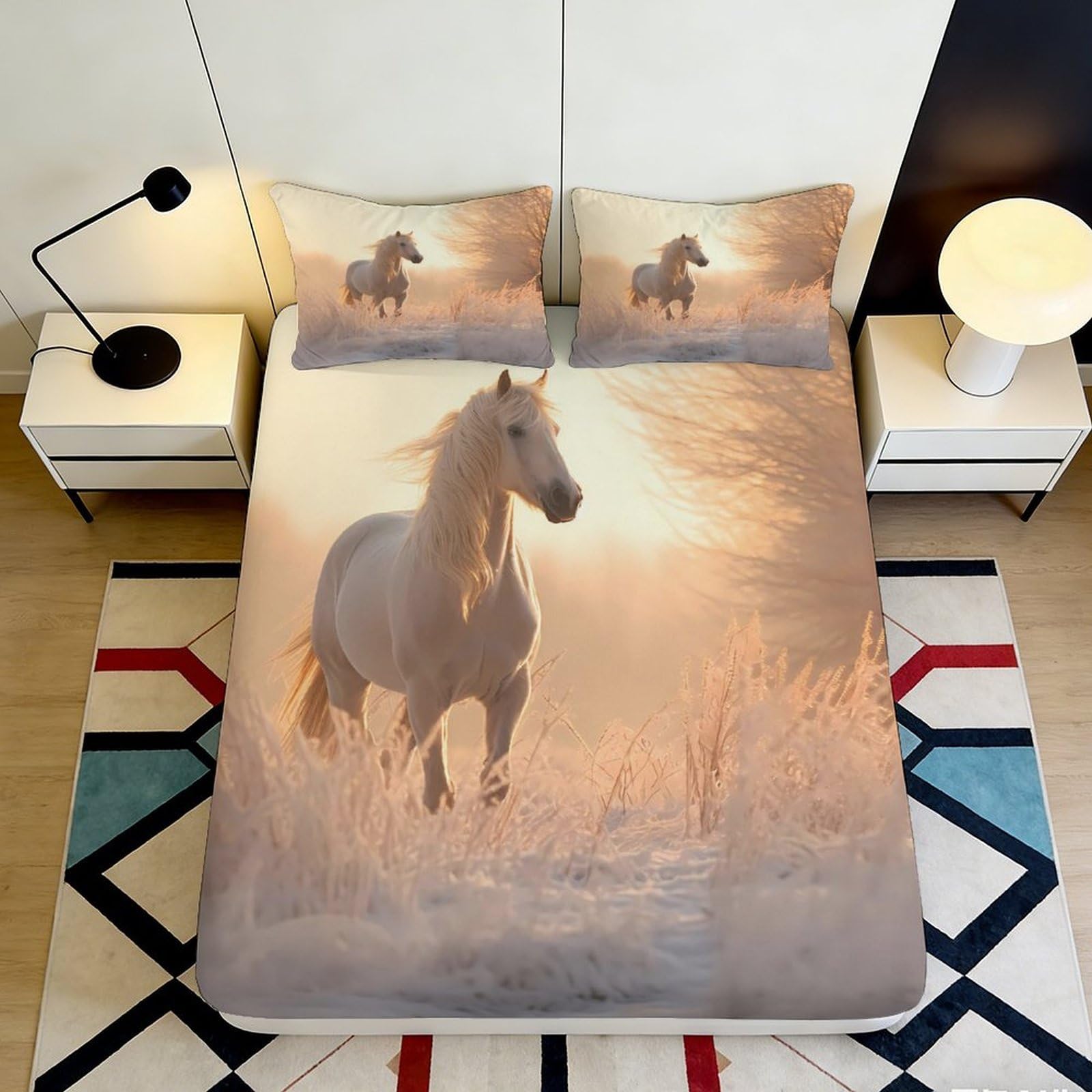 3D Printed White Horse Sunrise Fitted Sheet Microfiber Non Slip Bed Cover for Bedroom Dorm Mattress Decor 120x200cm 160x200x25cm
