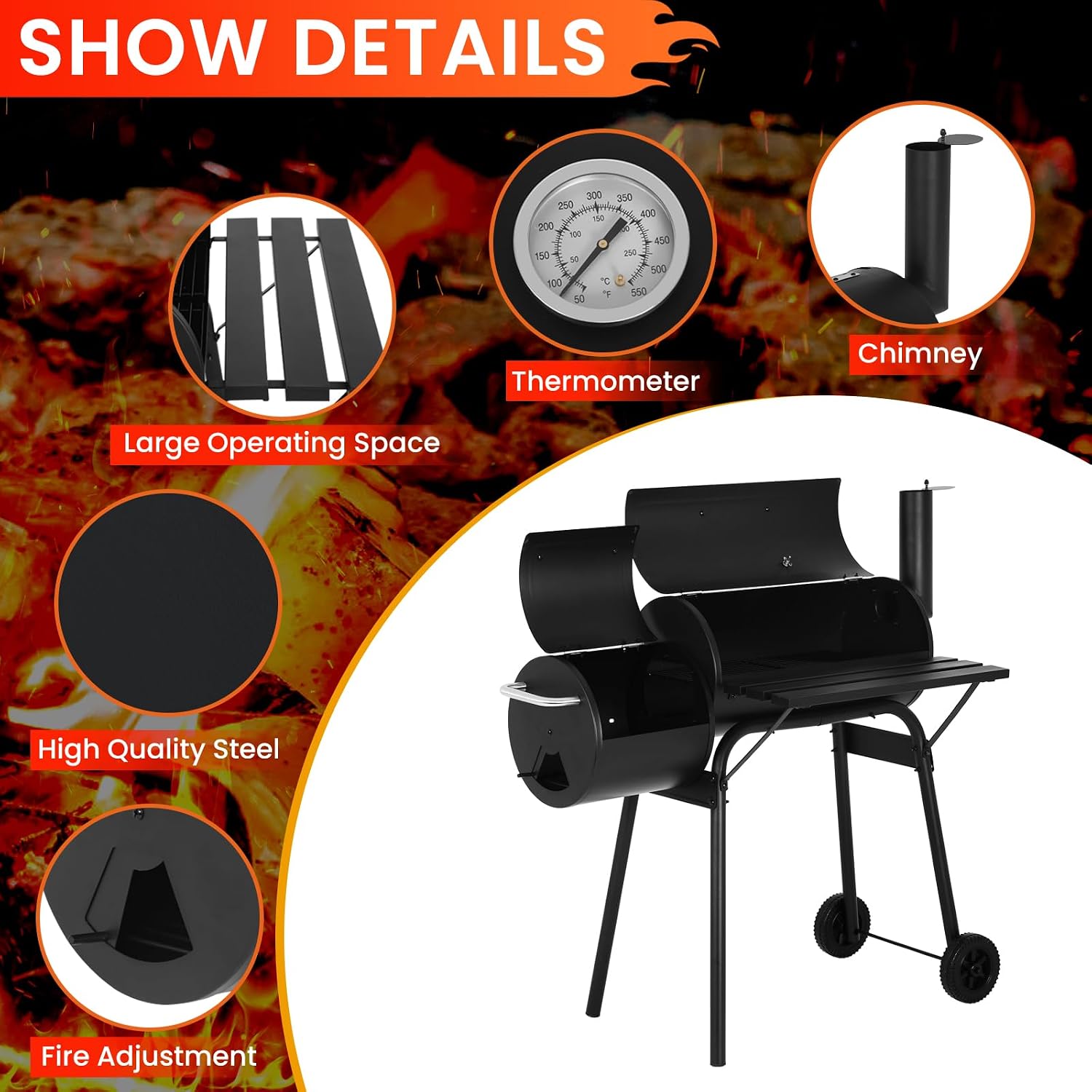 43” Charcoal BBQ Grill Offset Smoker with Side Space,Outdoor Grill 209 Square Inch Cooking Area, for Outdoor Backyard,Patio and Parties,Black