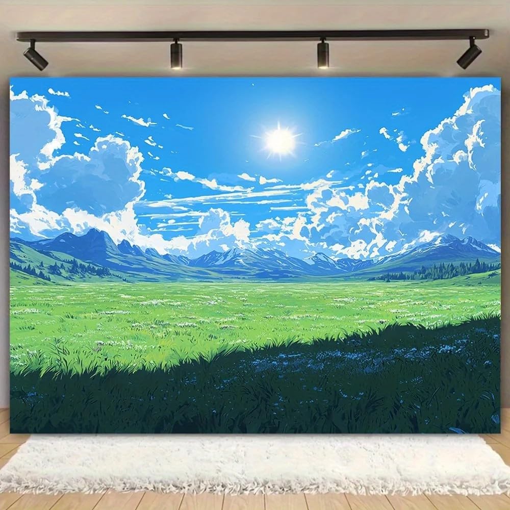 Winylowe tło do zdjęć krajobrazowych – bujne zielone pola i czyste niebo, design, impreza, dekoracja domu 440 x 300 cm
