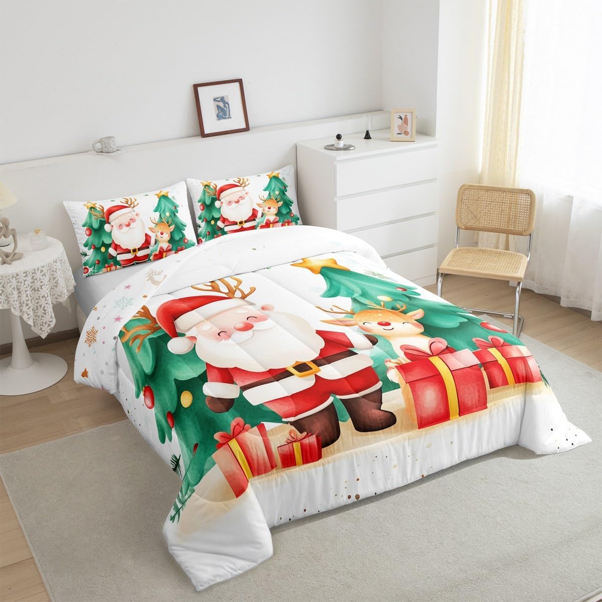 Erosebridal Cartoon Christmas Comforter Set Queen Size,Santa Claus Xmas Bedding Cute Reindeer Elk Bed Set for Kids Teen Boys Girls Merry Xmas Tree Duvet Quilt