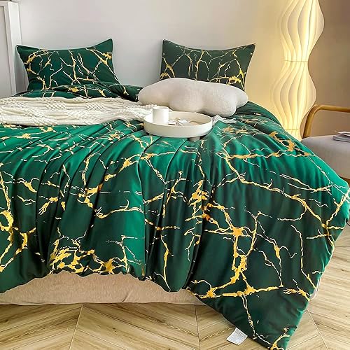 Miniatura 4 de Donaness Juego de edredón de mármol metálico con purpurina dorada y verde dorado, juego de ropa de cama de lujo con estampado de papel de aluminio