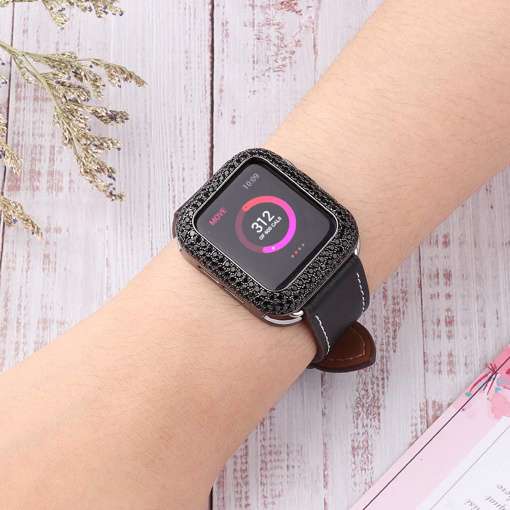 Preciosa carcasa de cristal brillante con bisel de diamantes de imitación compatible con Apple Watch Series 6, 5, 4, SE, 3, 2, 1 (negro con cristales negros, 44 mm/42 mm)