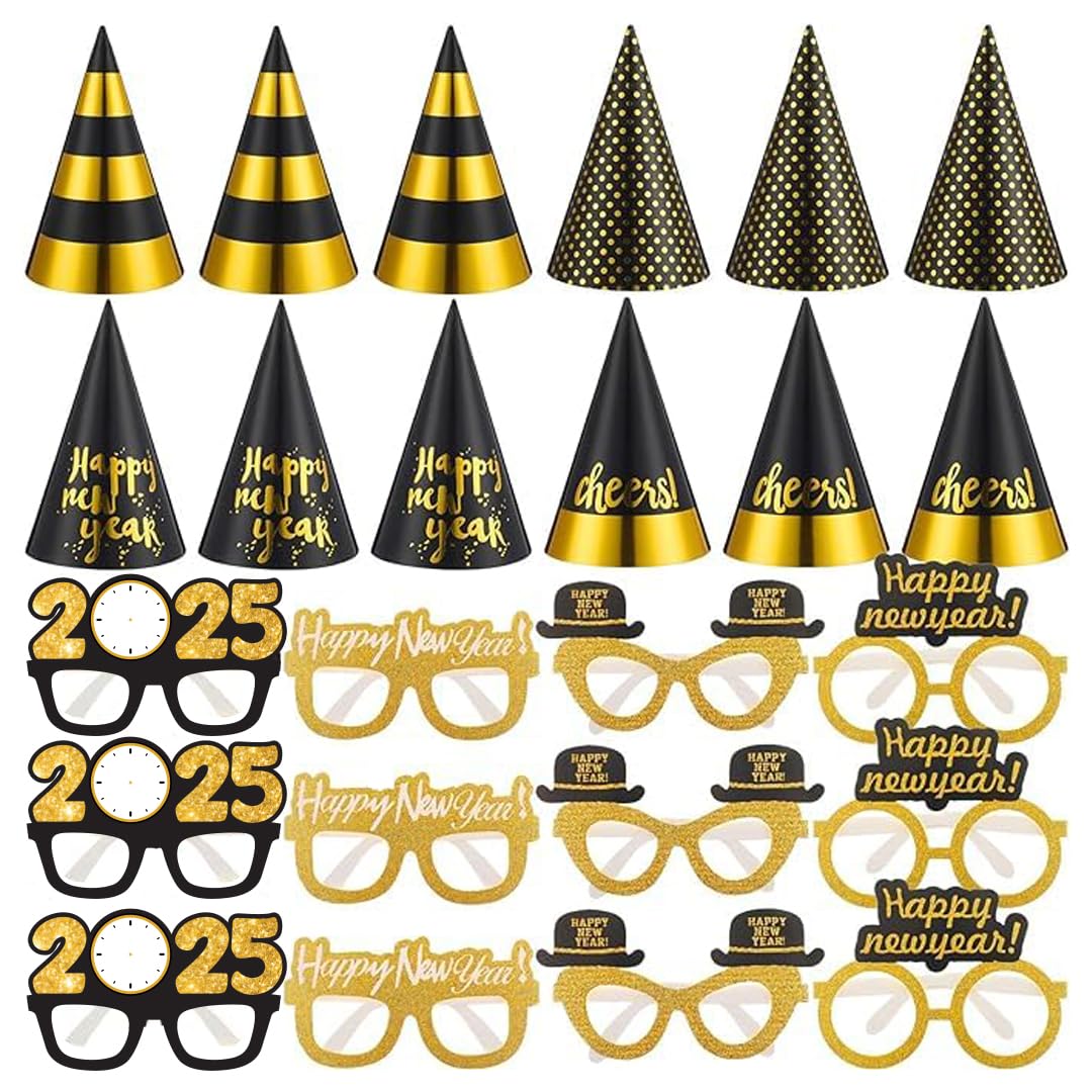 Festiko® Set of 24 Pcs Happy New Year Party Cone Hats & Glasses, New Year Decorations, New Years Eve Party Supplies