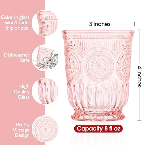 Miniatura 4 de Juego de cristalería rosa con estampado de girasol vintage, 6 vasos y 6 vasos pequeños, vasos rosados a juego para fiesta