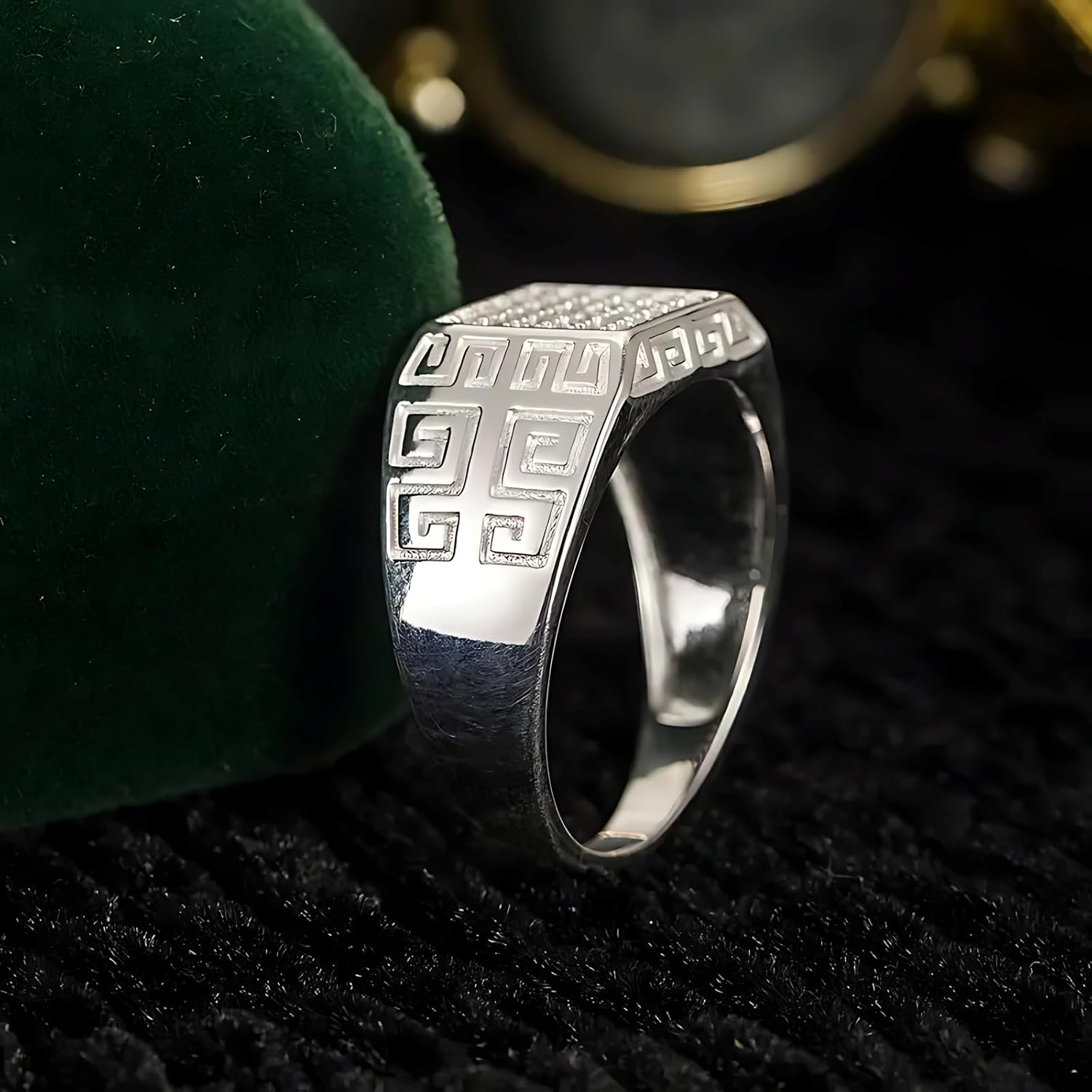 Sterling Silver Rings S925 Silver Men's Ring Men's Wedding Rings with 36 Sparkling Zircons – Square Shape & Ancient Greek Patterns Style