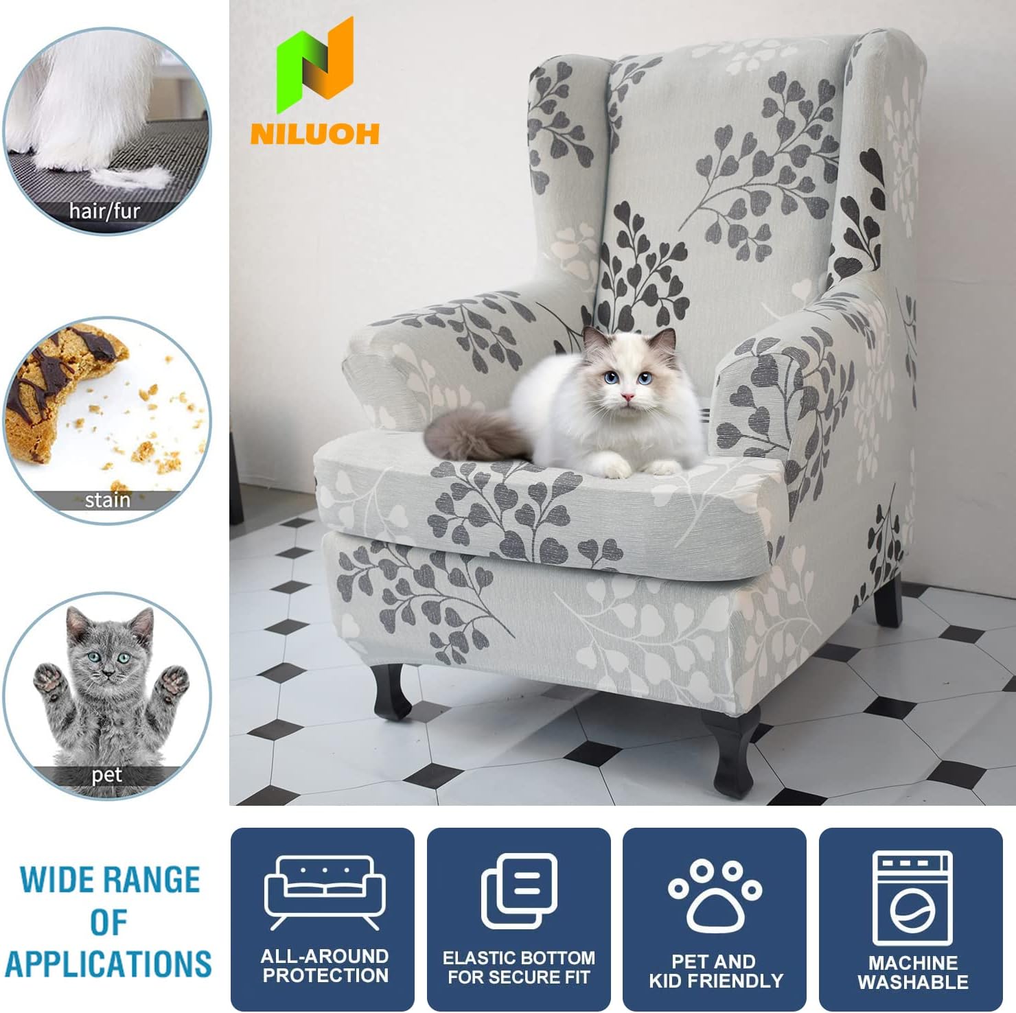 NILUOH Wing Chair Slipcovers 2 Pieces Stretch Spandex Wingback Chair Covers Sofa Slipcover Wingback Armchair Slipcovers Furniture Protector Couch Soft with Elastic Bottom