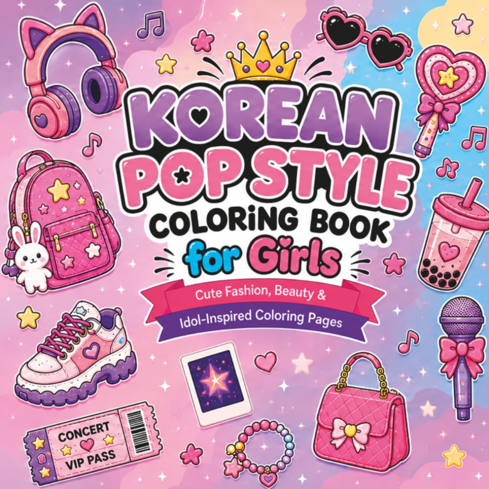Korean Pop Style Coloring Book: Cute Idol-Inspired Fashion, Accessories, Hairstyles & Cozy Kawaii Coloring Pages