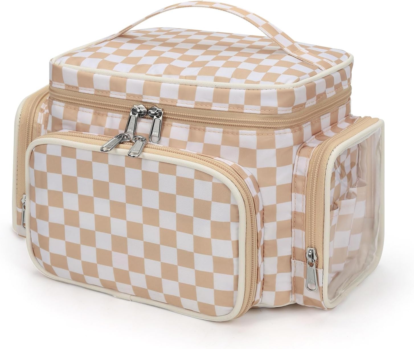 Large Makeup Bag, Portable Travel Makeup Bag Organizer for Women Girls with Makeup Brush Compartment & Two Side Pockets, Cosmetic Travel Bag Vertical Storage Toiletry- Checkerboard - Image 8