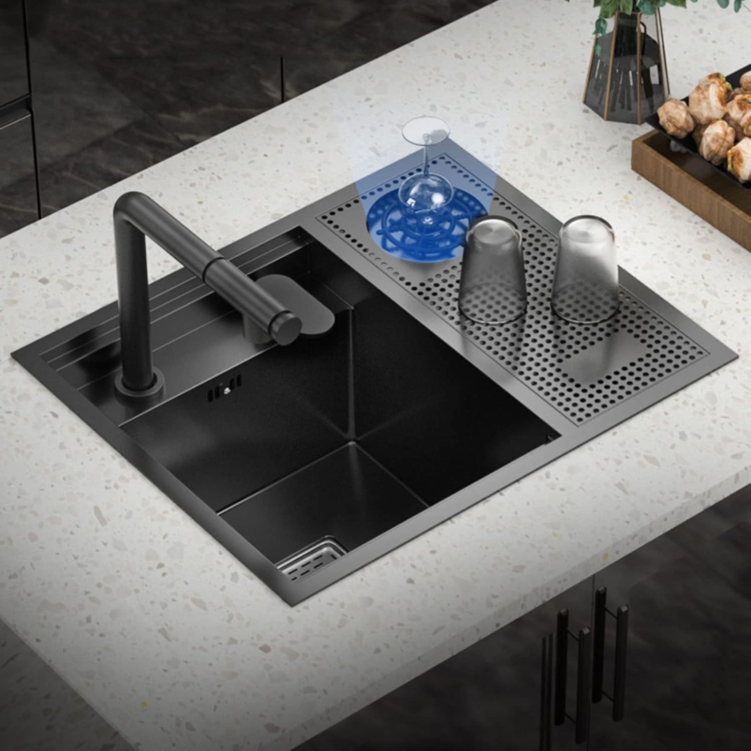 Lavabicchieri Per Lavello Da Cucina - Estraibile E Rotante, Getto D'Acqua Diretto, Nero, Per Bar E Casa - Foto 9