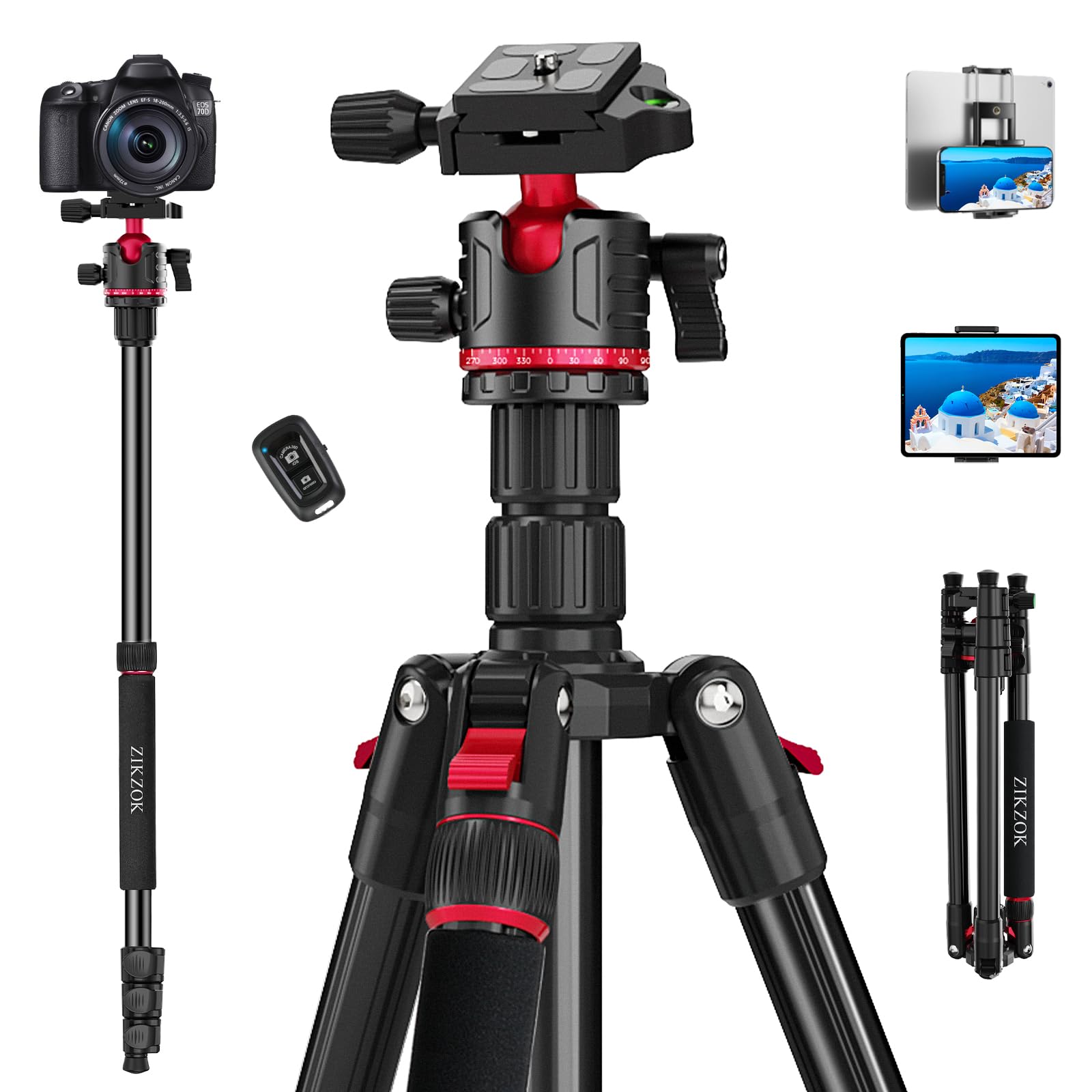 ZIKZOK 70" Tripod for Camera, Professional Aluminum Camera Tripod & Monopod with 360° Ball Head, Adjustable Lightweight Travel Tripod for DSLR, Tablet