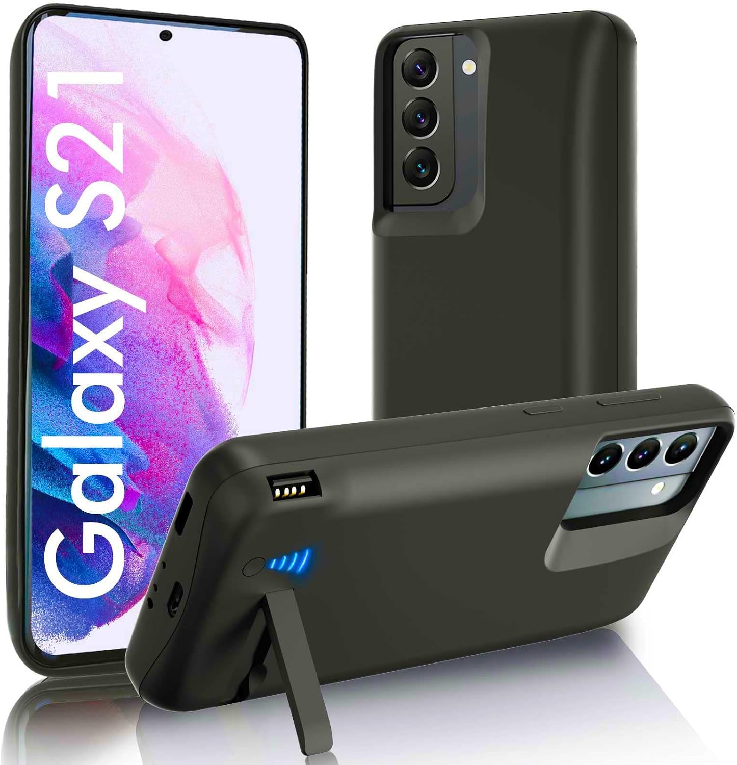 SlaBao Galaxy S21 Battery Case, Kickstand & Dual Device Charging & Priority Charging Case, 4800mAh Extended Backup Charger Case for Samsung S21 5g(6.2") Black