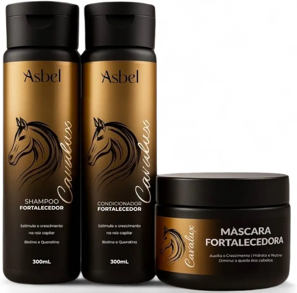 Kit Cavalux Asbel - Shampoo, Condicionador e Máscara 300ml | Crescimento Capilar Acelerado, Anti Queda com Biotina e Queratina | Tratamento Profissional e Brilho Espelhado