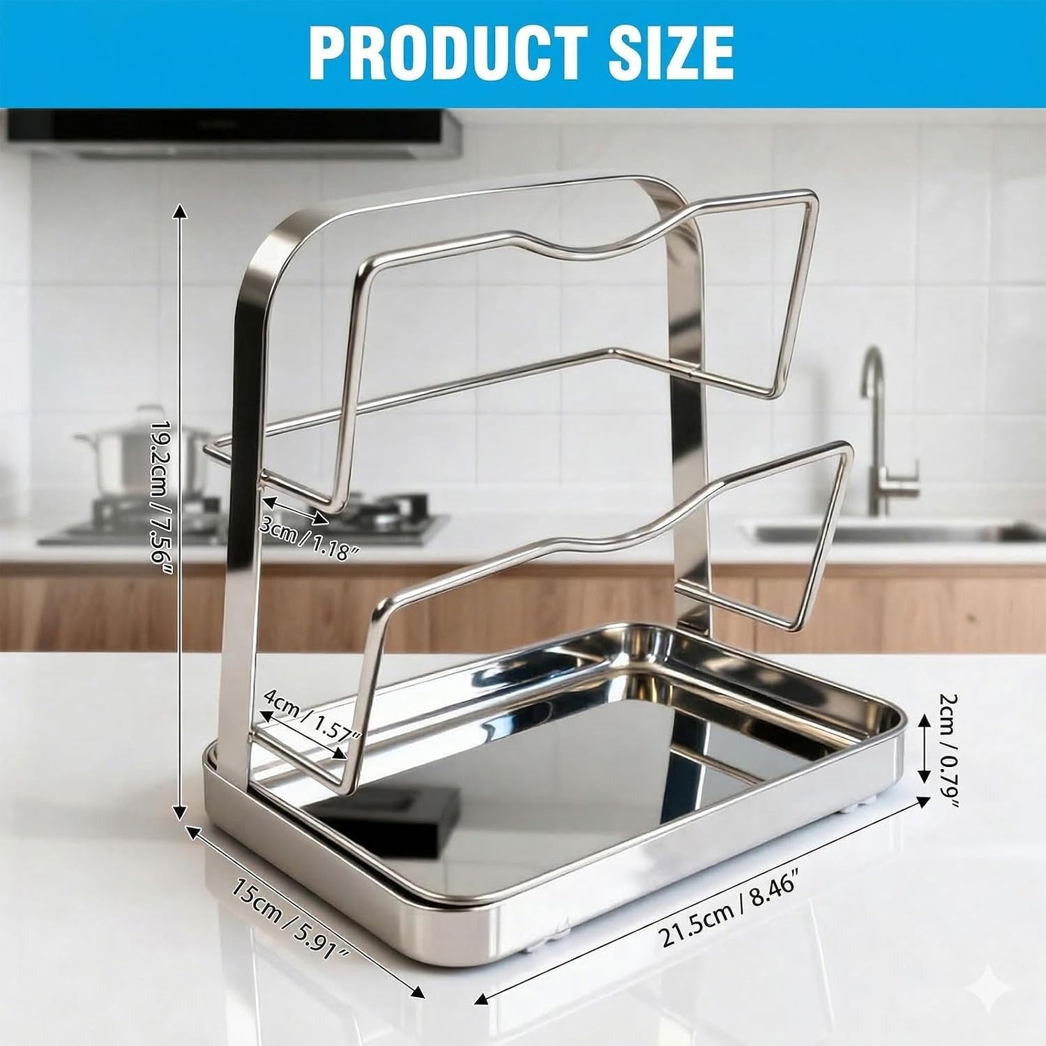 304 Stainless Steel Pot Lid Holder ＆ Spoon Rest While Cooking, Kitchen Storage Rack, Stove Top Organizer for Pan Lids, Multifunctional Cover Stand with Removable Drip Tray