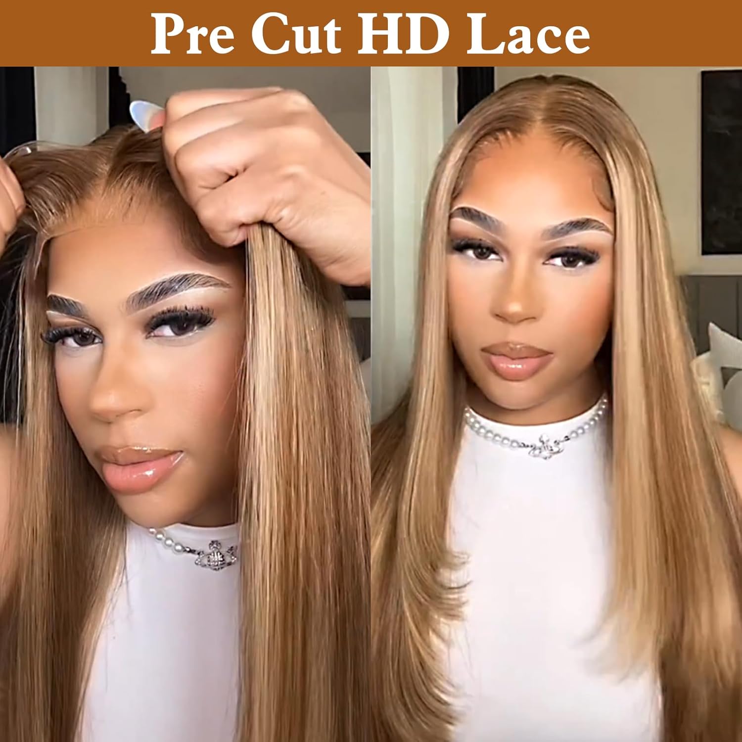 Glueless Wig Wear and Go Highlight Ombre Straight Human Hair Pre Plucked Pre Cut For Beginners 6x4 HD Transparent 4/27 Lace Frontal Wigs 180% Density Colored Human Hair Wigs for Black Women 26 inch