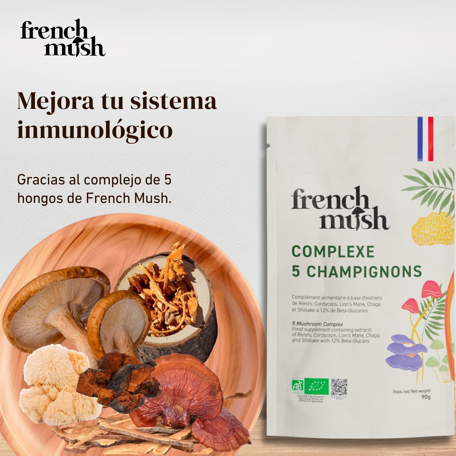 French Mush Complejo 5 Hongos Bio - 168 Cápsulas Veganas | Bienestar, Vitalidad y Digestión, Shiitake, Melena de León, Reishi, Cordyceps, Chaga, Fabricado en Francia