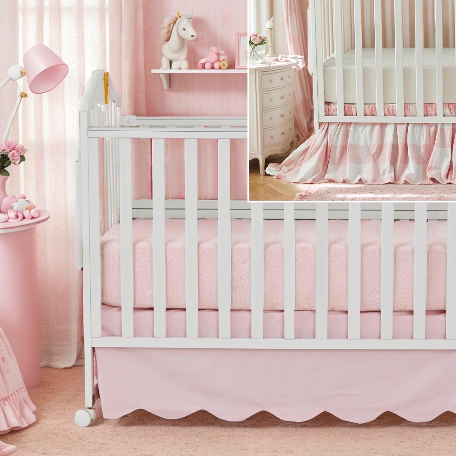 Brandream 2 Packs Crib Bed Skirt Scallop Edge Farmhouse Chic 100% Cotton Gender Neutral Crib Skirt Toddler Bedskirt Pink