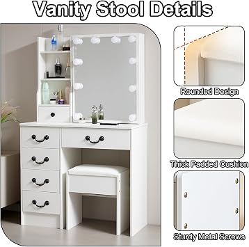 Modern Vanity Stool with Padded Seat, Comfortable Makeup Bench for Dressing Table, Stylish Vanity Chair for Bedroom/Living Room (White, 40L x 23.5W x 43H cm)