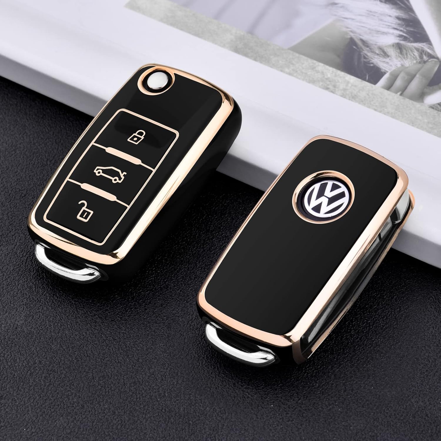 Car Key Cover for VW Golf 3 Key Box/Key Case Cover for VW Polo Passat, Skoda, Seat, 3 Buttons (Black, Golden Edge) - Image 4