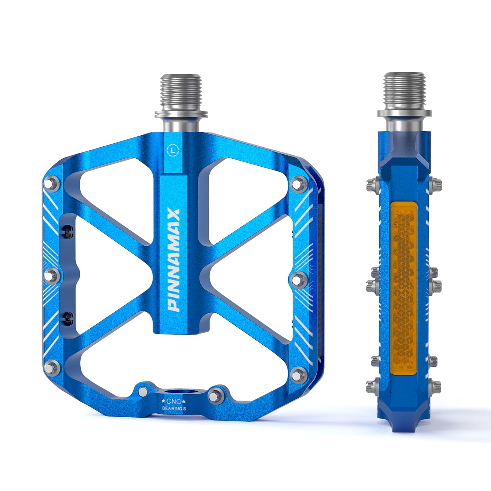 PINNAMX MTB Pedals Bicycle, CNC Aluminium Bicycle Pedals, Non-Slip with Reflective, 3 Sealed Bearings, 9/16 Inch Flat Pedal for Road Bike, Mountain Bike, Gravel Bike (Blue)
