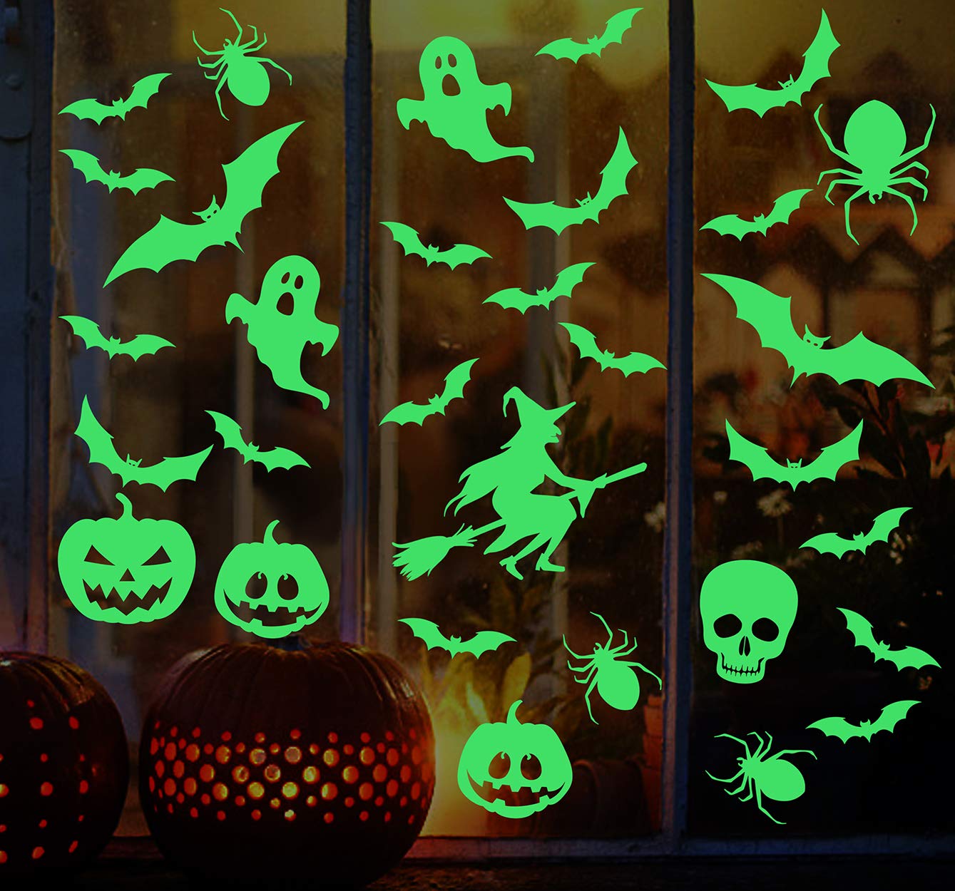 Halloween Decorations Glow in The Dark Halloween Wall Stickers Bats Spider Pumpkins Spooky Witch Ghost Scary Skeleton Decals for Window Home Kids Room Nursery Halloween Party Supplies